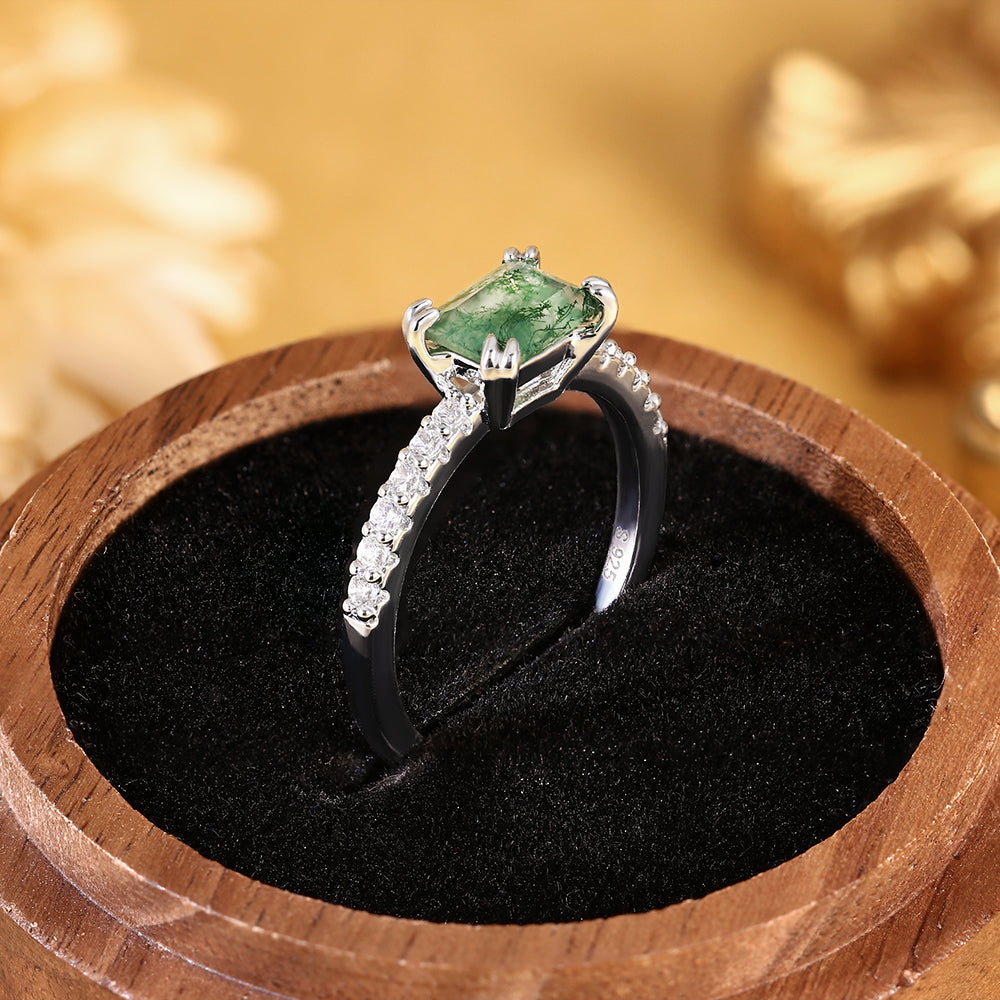 Vintage Inspired Emerald Cut Moss Agate Engagement Ring