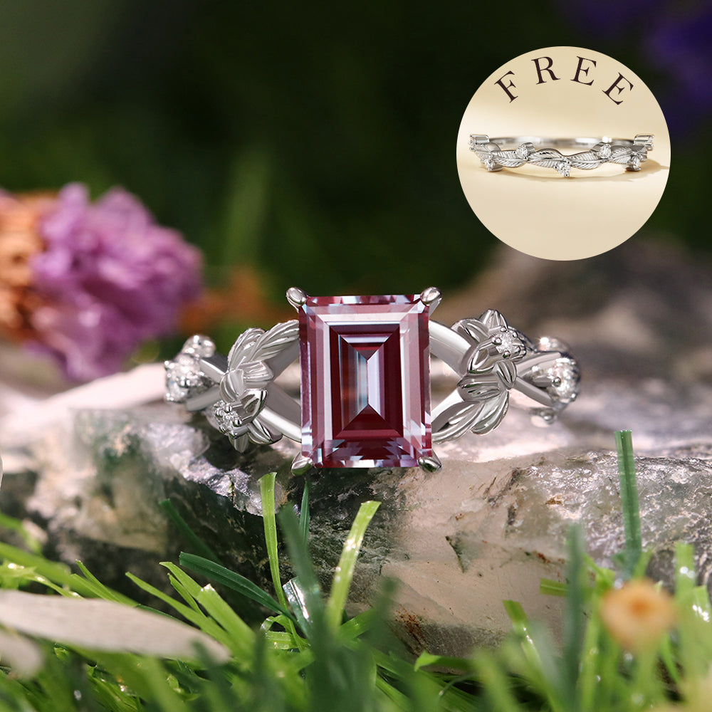 [Buy 1 Get 1 Free]1.89 ct Emerald Cut Lab Alexandrite Engagement Ring Nature Inspired Floral And Leaf Twist Bridal Ring Set