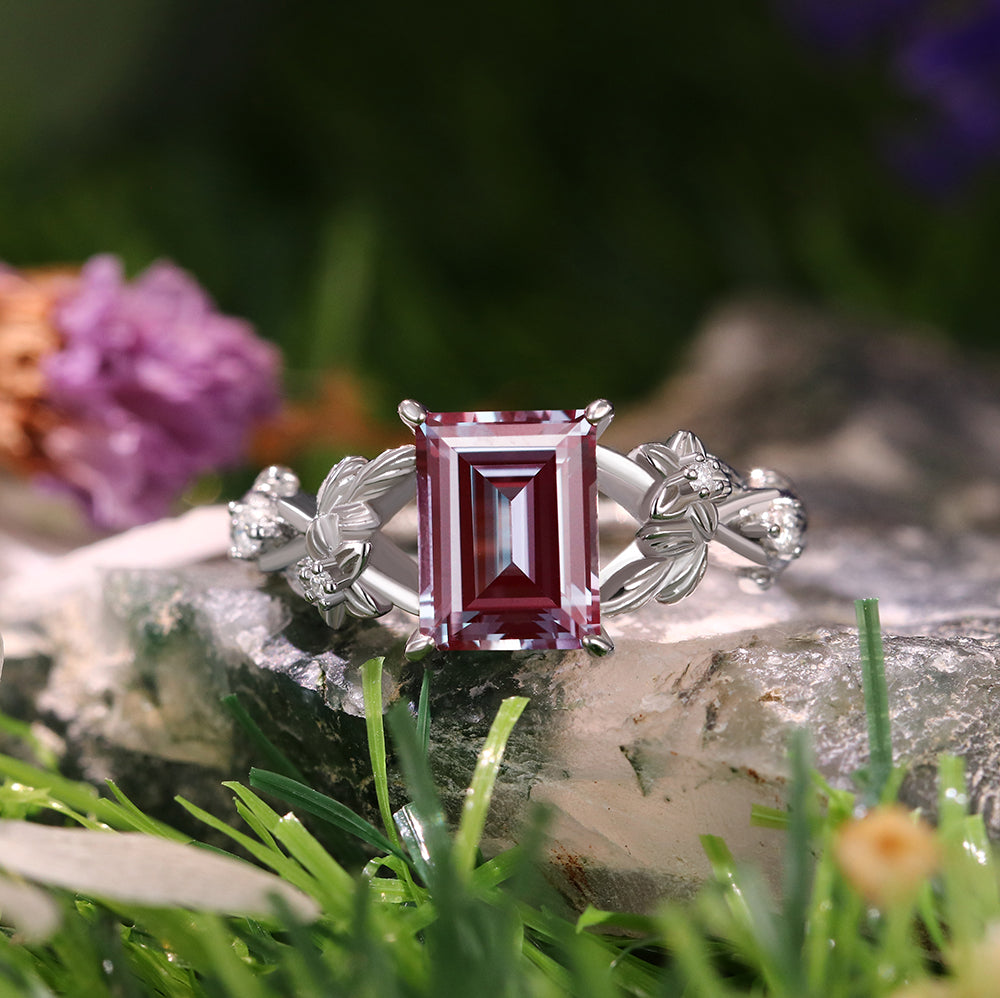 1.79 ct Emerald Cut Lab Alexandrite Nature Inspired Floral And Leaf Twist Engagement  Ring