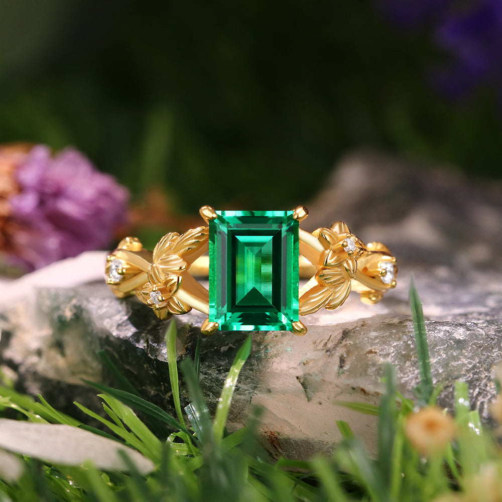 1.48 ct Emerald Cut Lab Emerald Nature Inspired Floral And Leaf Twist Engagement  Ring
