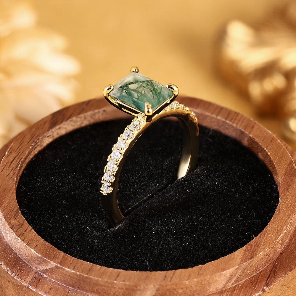 Nature Inspired Emerald Cut Moss Agate Vintage Pave Engagement Ring