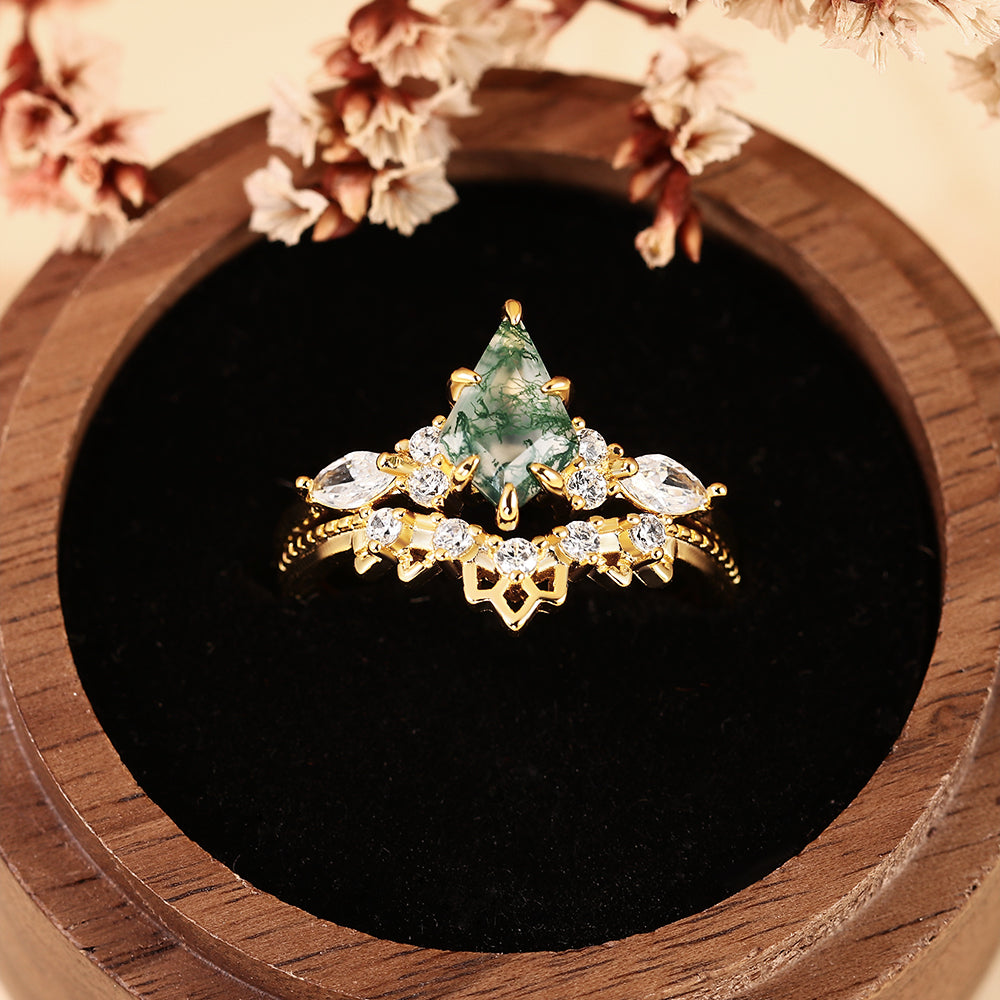 Vintage Nature Inspired Kite Cut Moss Agate Bridal Ring Set with Curved Matching Band