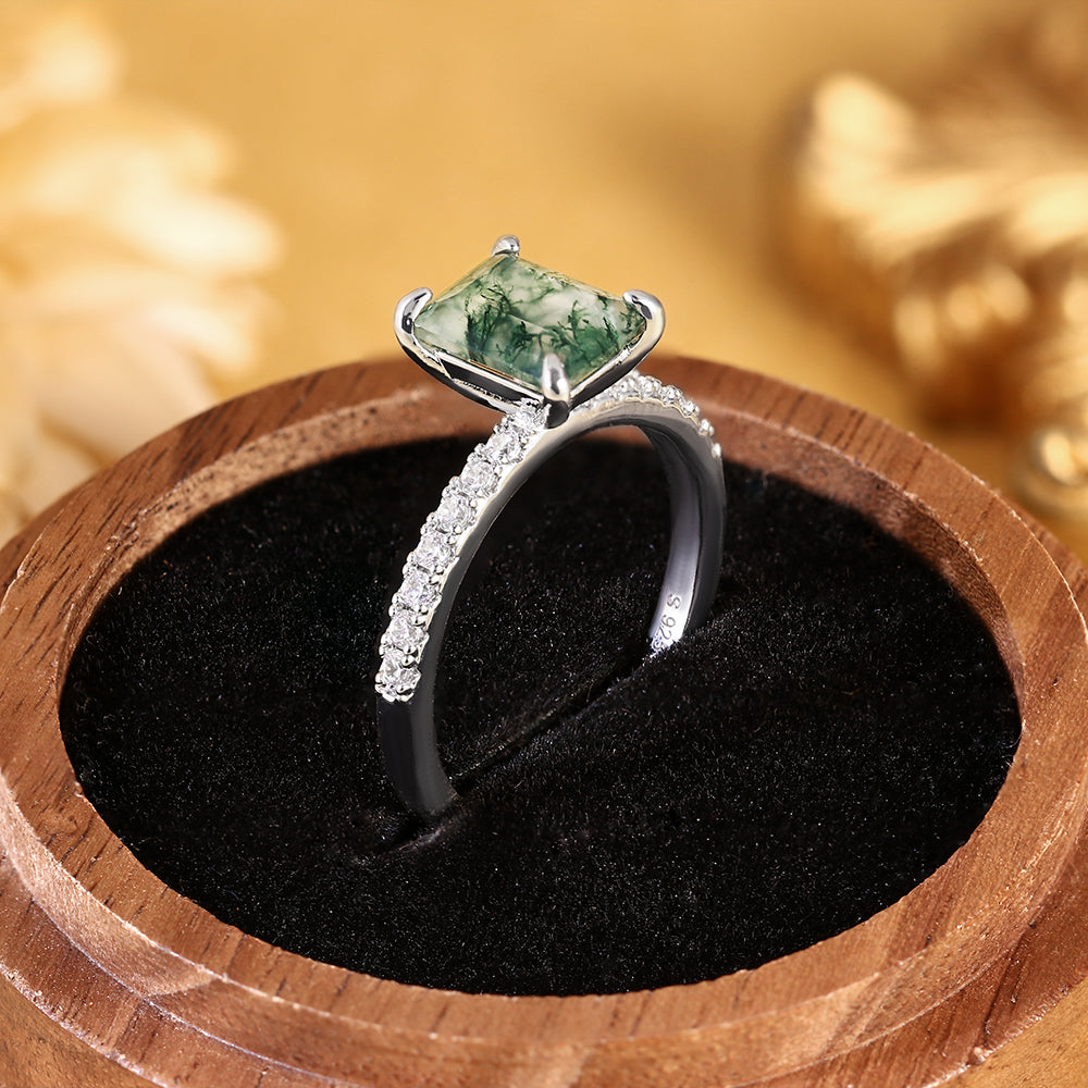 Nature Inspired Emerald Cut Moss Agate Vintage Pave Engagement Ring