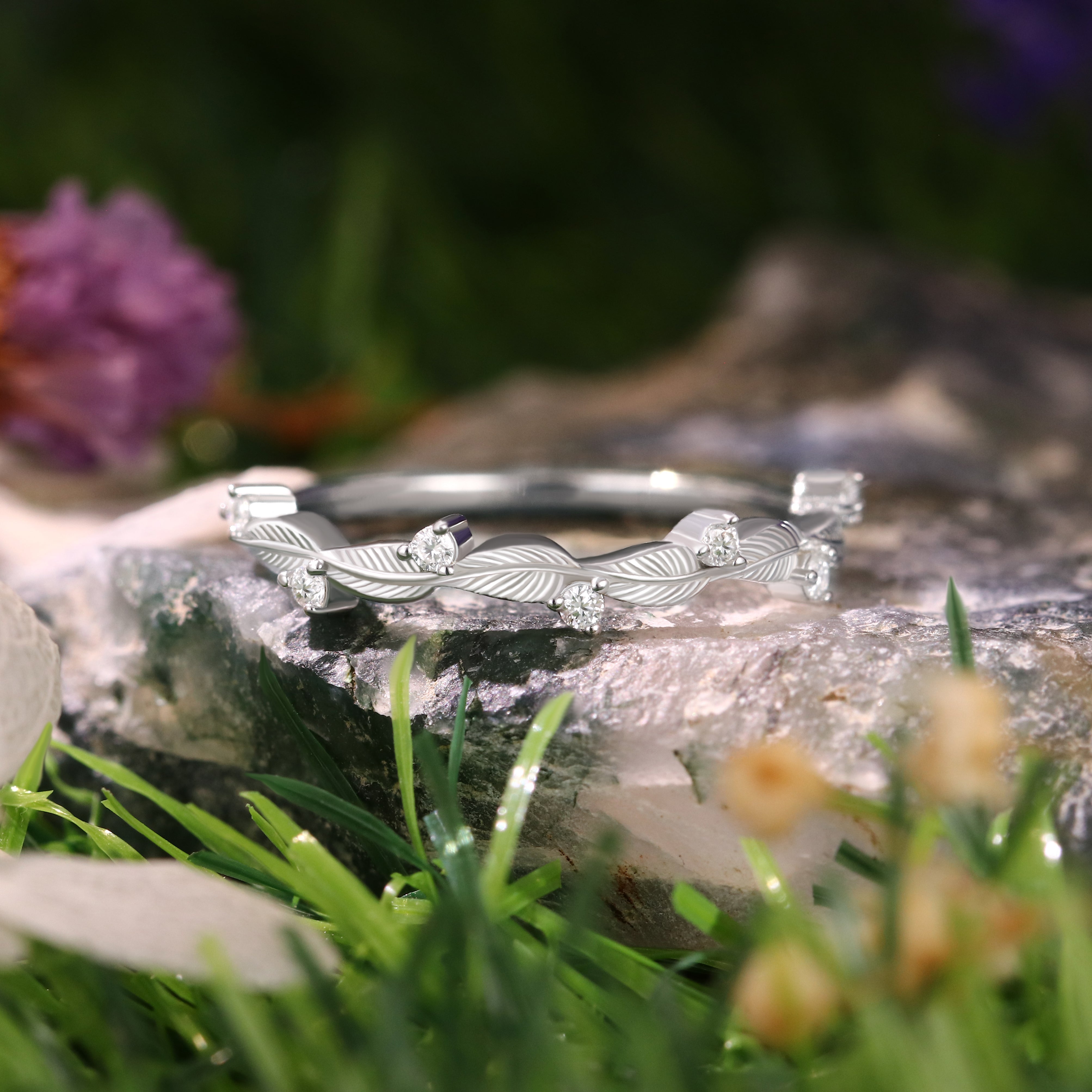 Round Cut Moissanite Nature Inspired  Leaf Wedding Band