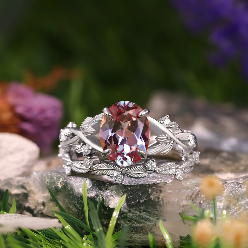[Buy 1 Get 1 Free]2.16 ct Oval Cut Lab Alexandrite Accents Engagement Ring Nature Inspired Leaf Branch Twist Bridal Ring Set