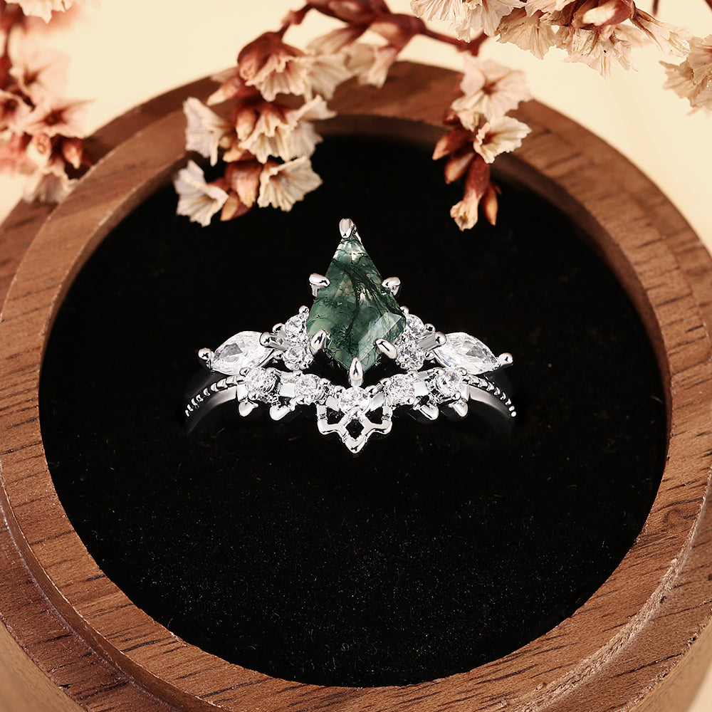 Vintage Nature Inspired Kite Cut Moss Agate Bridal Ring Set with Curved Matching Band