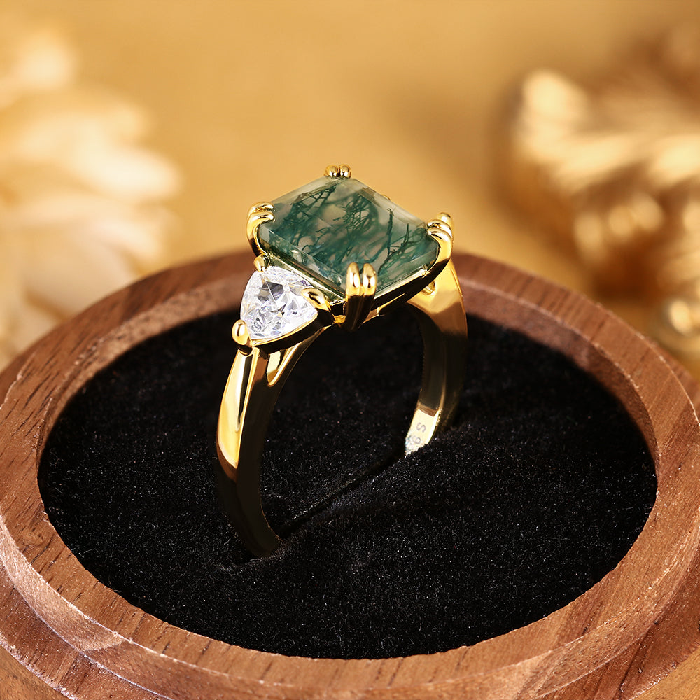 Emerald Cut Moss Agate Three Stone Engagement Ring with Trillion Side Stones