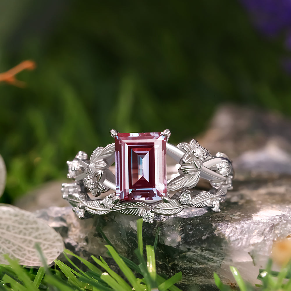 1.89 ct Emerald Cut Lab Alexandrite Engagement Ring Nature Inspired Floral And Leaf Twist Bridal Ring Set