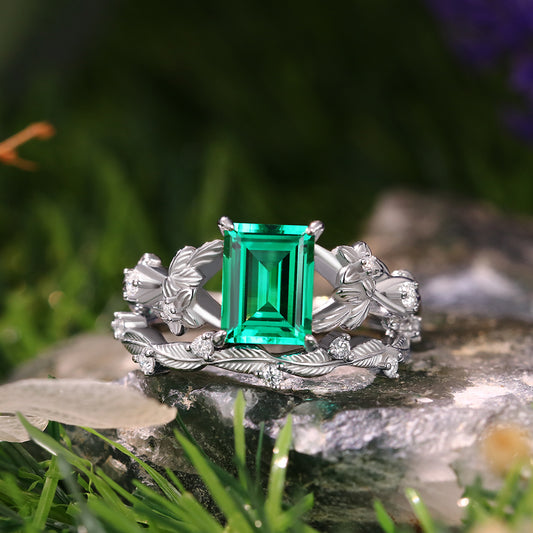 1.58 ct Emerald Cut Lab Emerald  Engagement Ring Nature Inspired Floral And Leaf Twist Bridal Ring Set