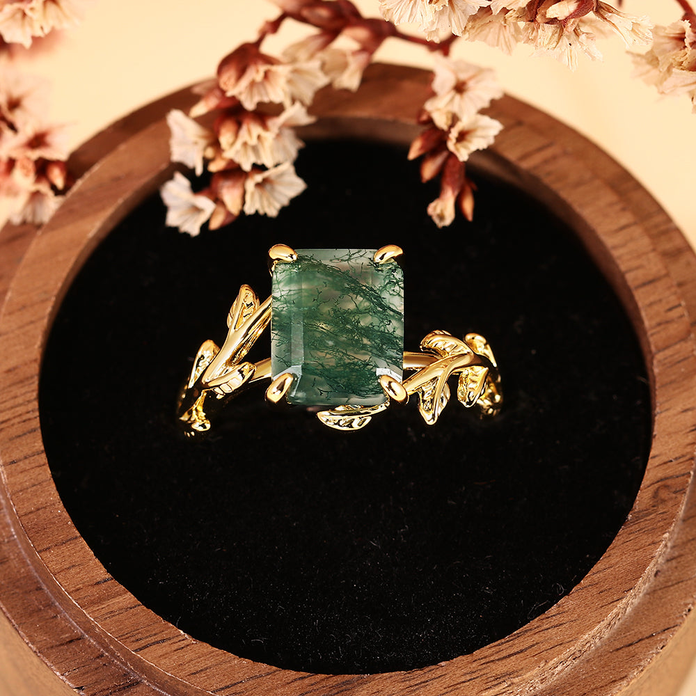 Vintage Emerald Cut Moss Agate Nature Inspired Leaf Branch Engagement Ring