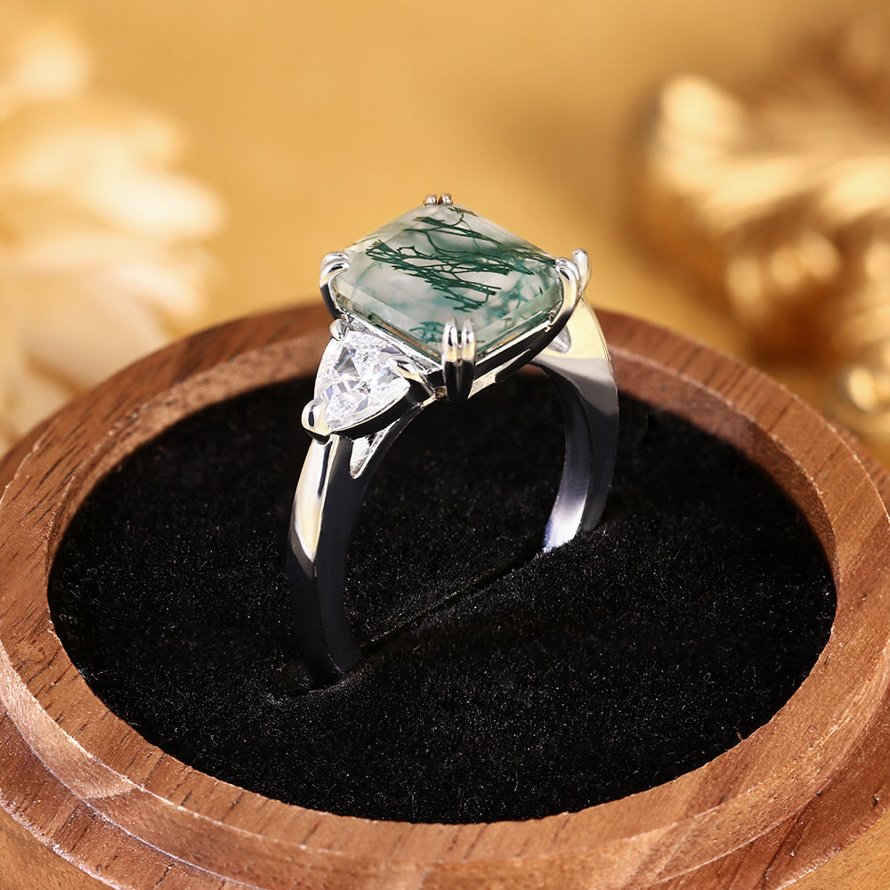 Emerald Cut Moss Agate Three Stone Engagement Ring with Trillion Side Stones