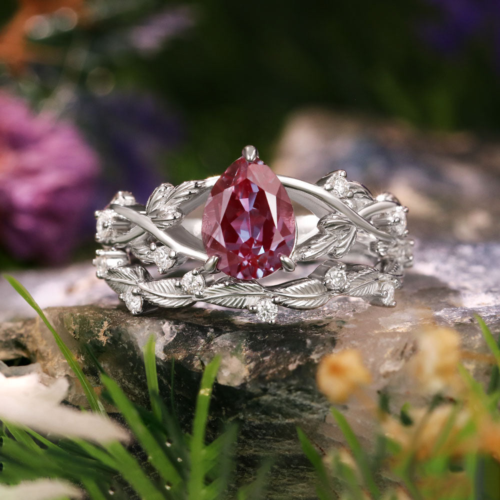 1.71ct Pear Cut Lab Alexandrite Nature Inspired Twig Leaf  Engagement Bridal Ring Set