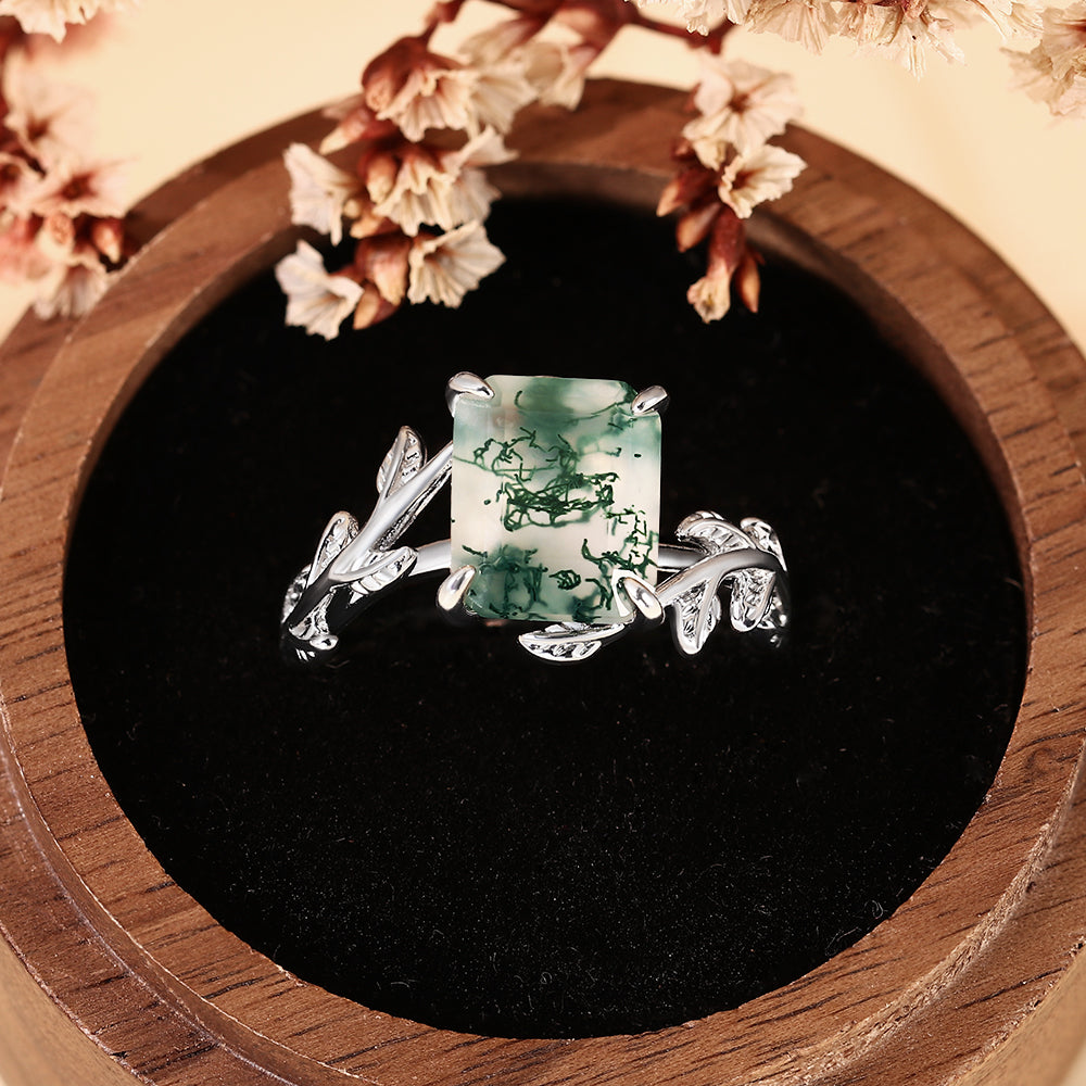 Vintage Emerald Cut Moss Agate Nature Inspired Leaf Branch Engagement Ring