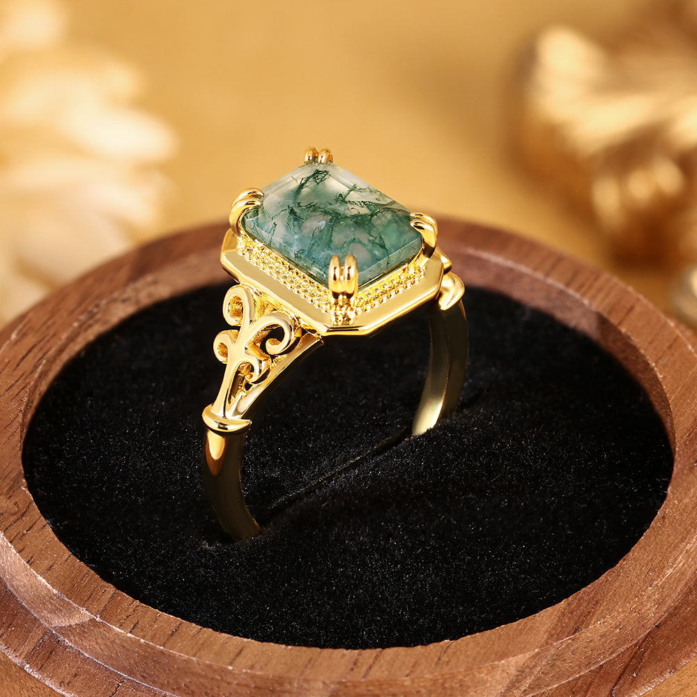 Emerald Cut Moss Agate Art Deco Natural Engagement Ring