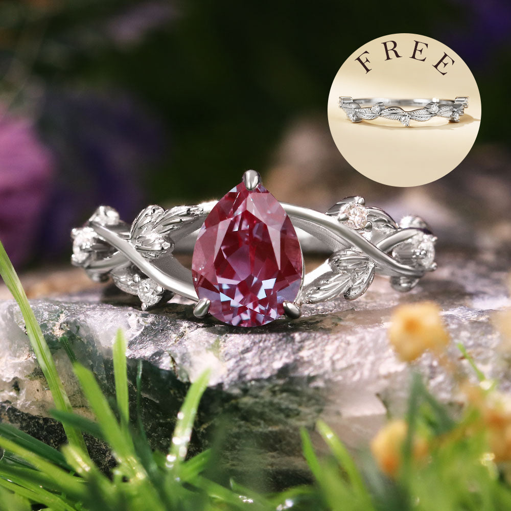 [Buy 1 Get 1 Free]1.71ct Pear Cut Lab Alexandrite Nature Inspired Twig Leaf  Engagement Bridal Ring Set