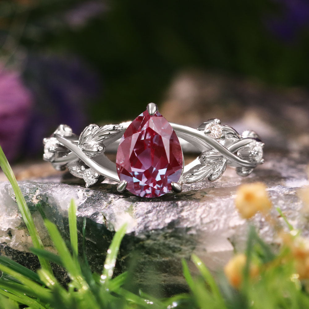 [Buy 1 Get 1 Free]1.71ct Pear Cut Lab Alexandrite Nature Inspired Twig Leaf  Engagement Bridal Ring Set