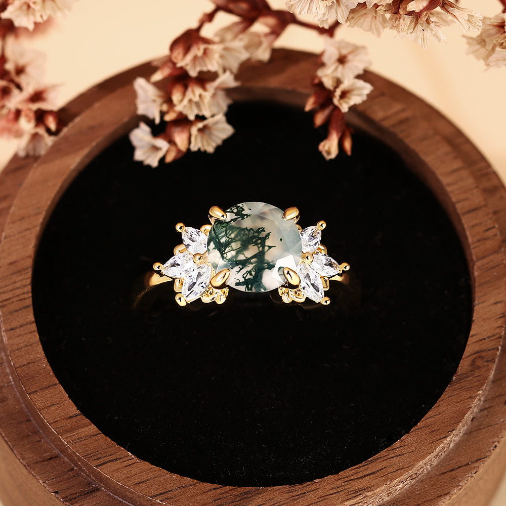 Unique Round Moss Agate Vintage Art Deco Flower Cluster Engagement Ring
