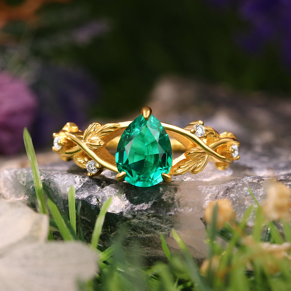 1.06ct Pear Cut Lab Emerald Nature Inspired Twig Leaf  Engagement Ring