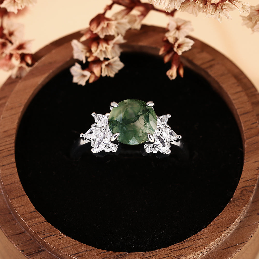 Unique Round Moss Agate Vintage Art Deco Flower Cluster Engagement Ring