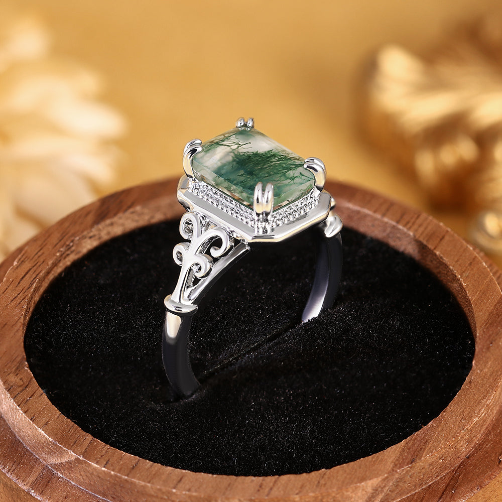 Emerald Cut Moss Agate Art Deco Natural Engagement Ring
