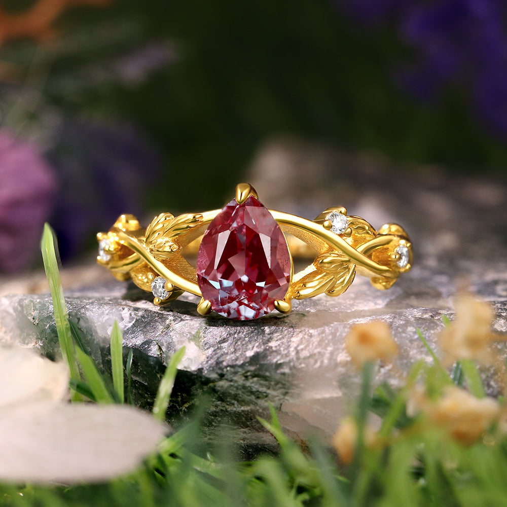 1.61ct Pear Cut Lab Alexandrite Nature Inspired Twig Leaf  Engagement Ring