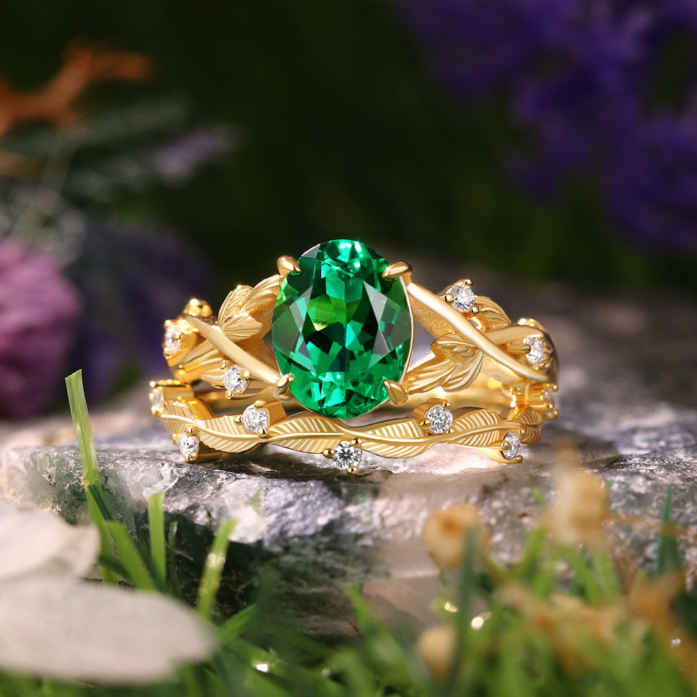 1.98 ct Oval Cut Lab Emerald Accents Engagement Ring Nature Inspired Leaf Branch Twist Bridal Ring Set