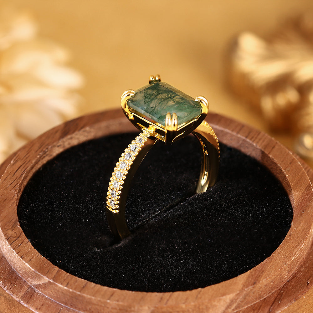 Vintage Inspired Natural Emerald Cut Moss Agate Accent Engagement Ring
