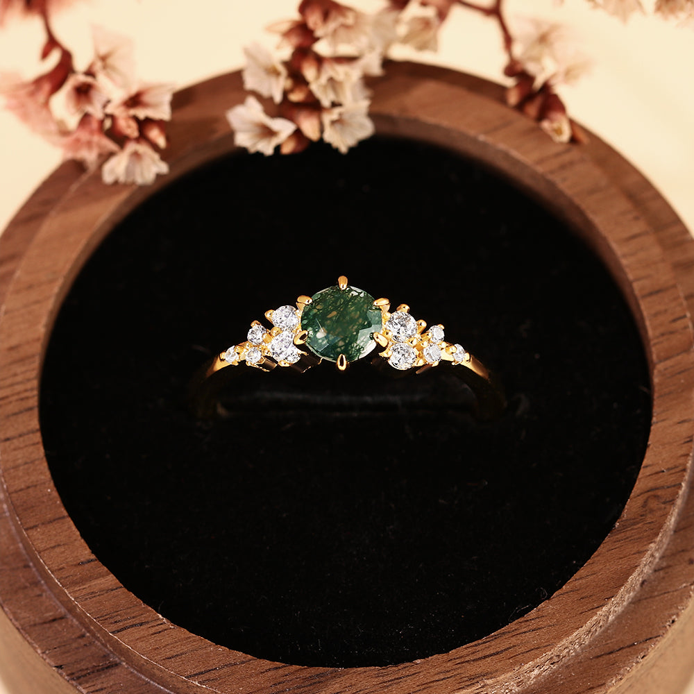 Unique Vintage Inspired Round Cut Moss Agate Cluster Engagement Ring