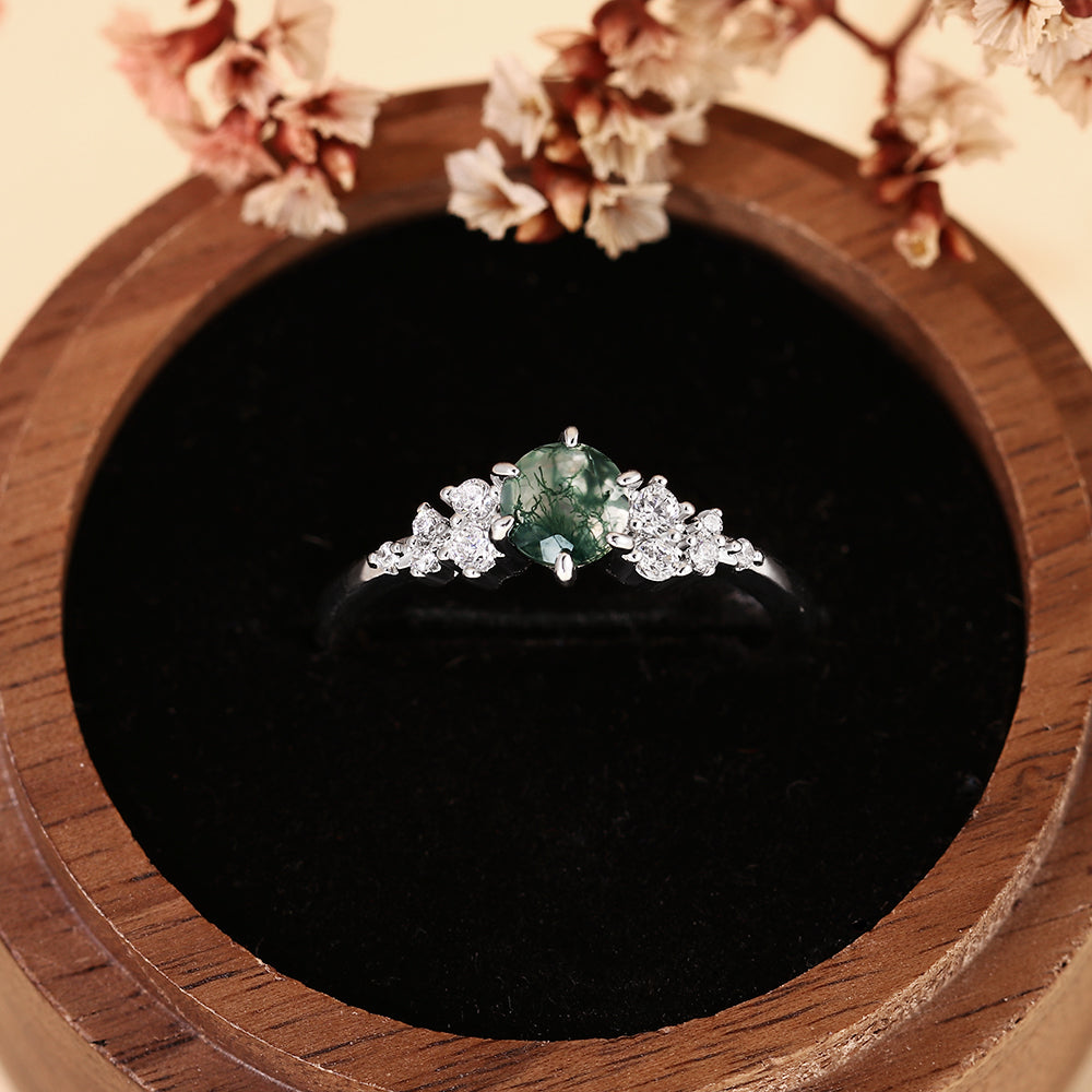 Unique Vintage Inspired Round Cut Moss Agate Cluster Engagement Ring