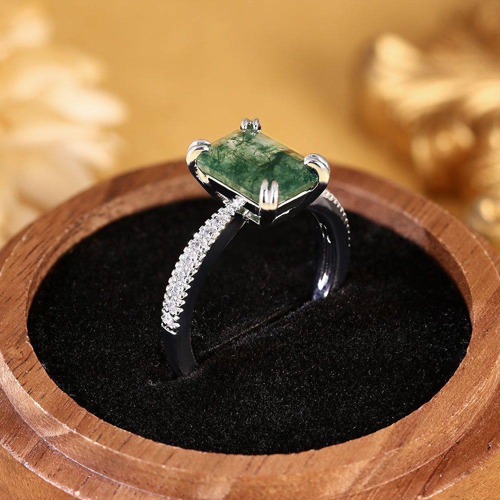 Vintage Inspired Natural Emerald Cut Moss Agate Accent Engagement Ring