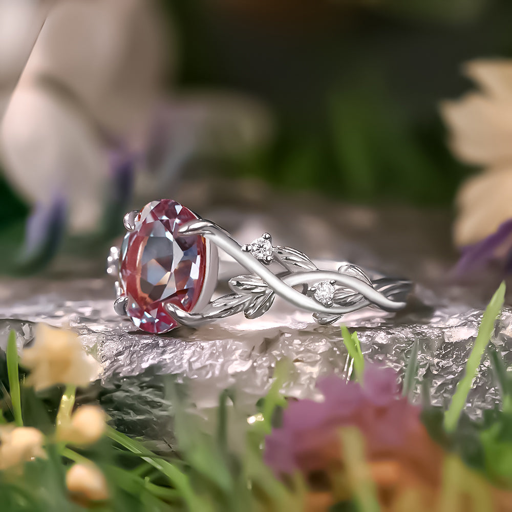 2.06ct Oval Cut Lab Alexandrite Accents Nature Inspired Leaf Branch Twist Engagement Ring