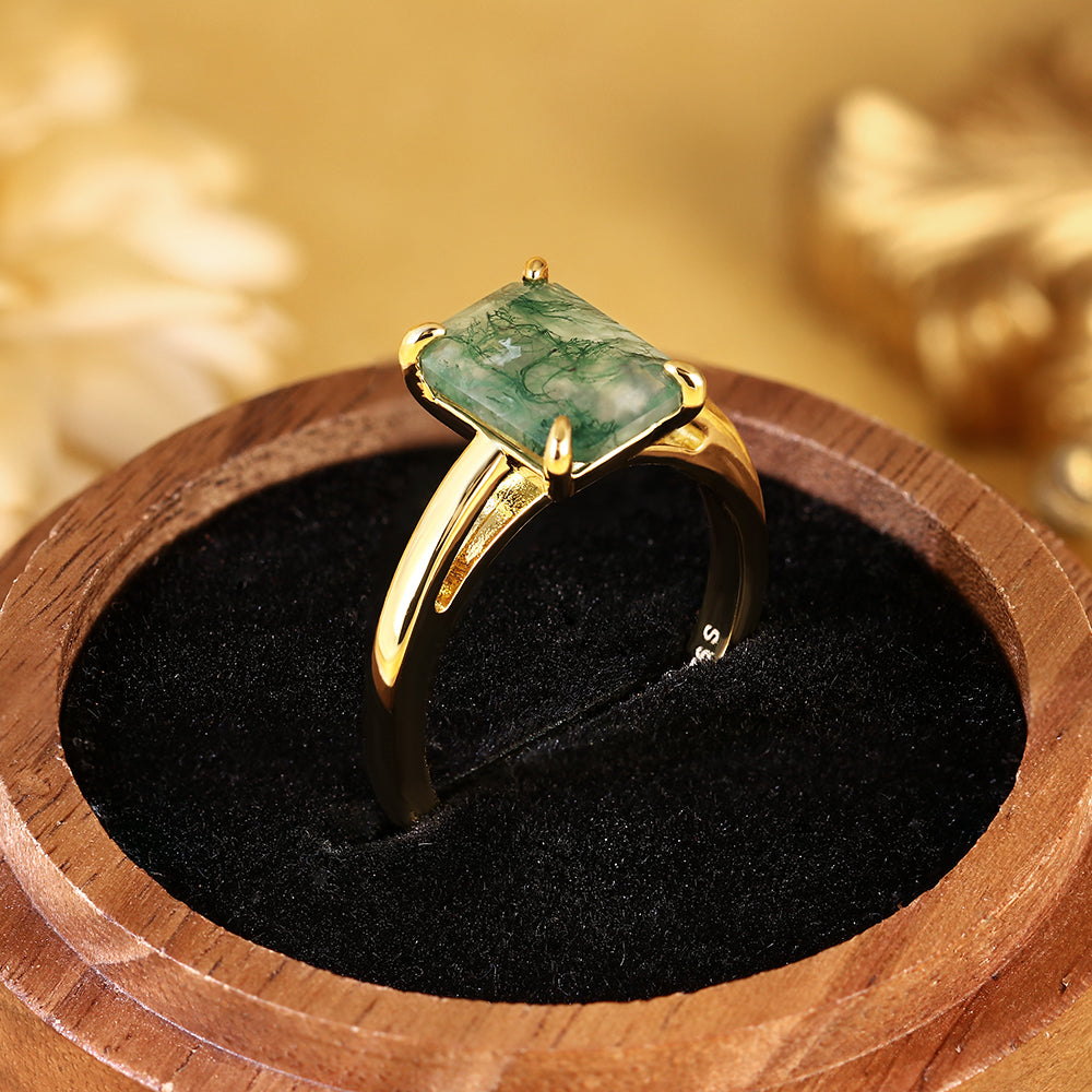Natural Emerald Cut Moss Agate Solitaire Engagement Ring