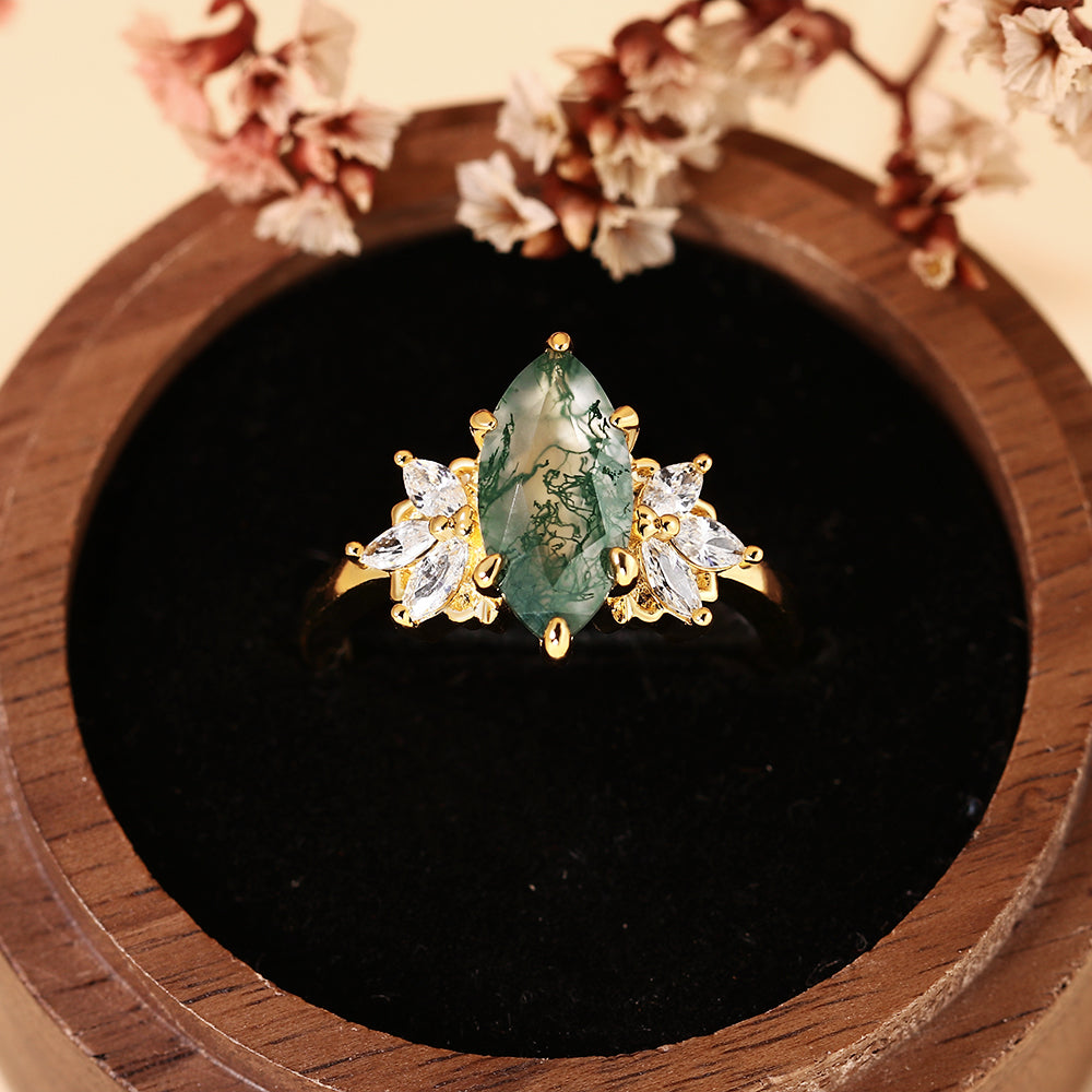 Vintage Nature Inspired Cluster Marquise Cut Moss Agate Engagement Ring