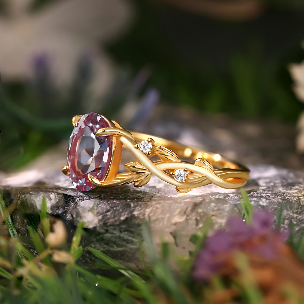 2.06ct Oval Cut Lab Alexandrite Accents Nature Inspired Leaf Branch Twist Engagement Ring