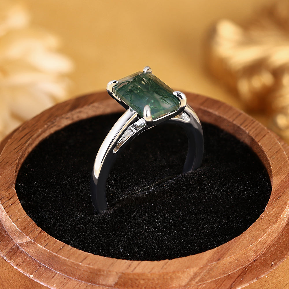 Natural Emerald Cut Moss Agate Solitaire Engagement Ring