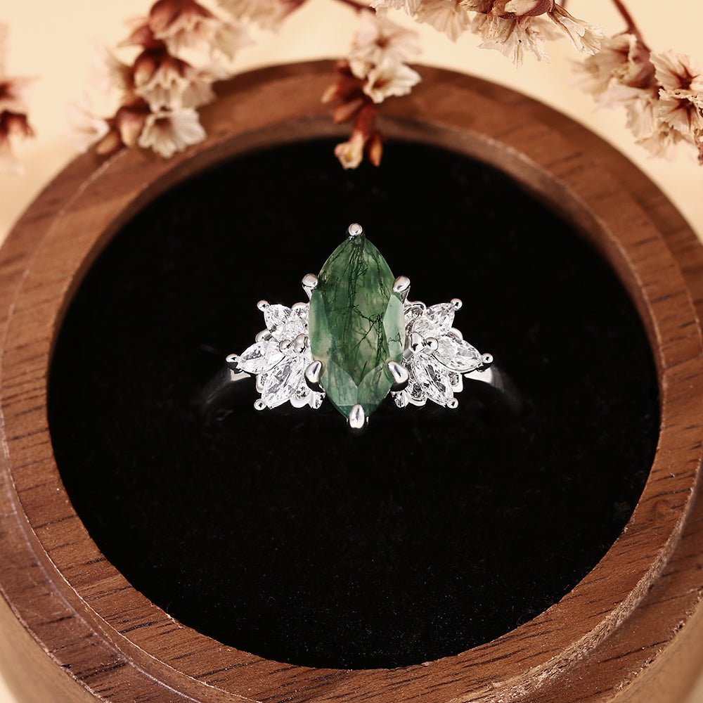 Vintage Nature Inspired Cluster Marquise Cut Moss Agate Engagement Ring