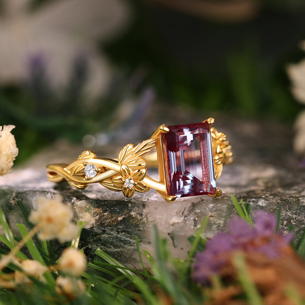 1.79 ct Emerald Cut Lab Alexandrite Nature Inspired Floral And Leaf Twist Engagement  Ring