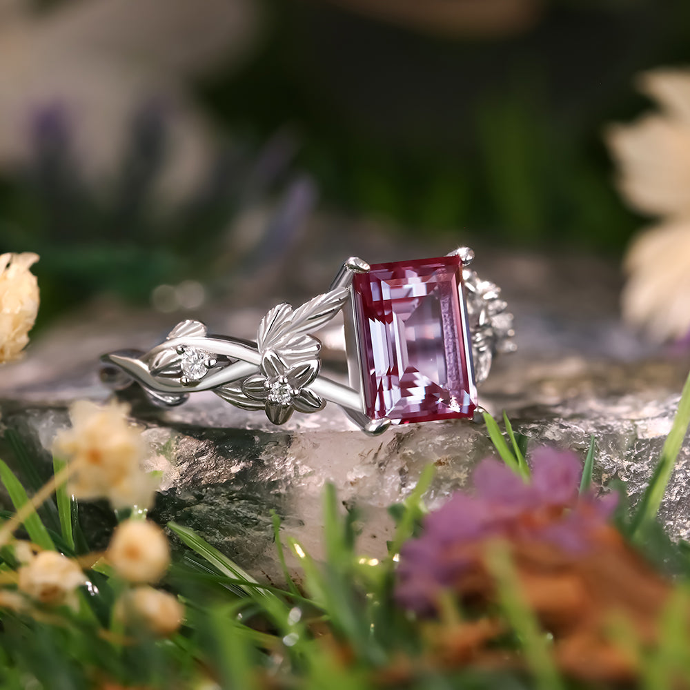 1.79 ct Emerald Cut Lab Alexandrite Nature Inspired Floral And Leaf Twist Engagement  Ring