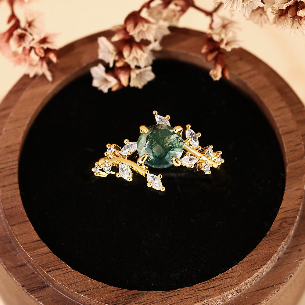 Nature Inspired Round Cut Moss Agate Leaf & Vine Engagement Ring