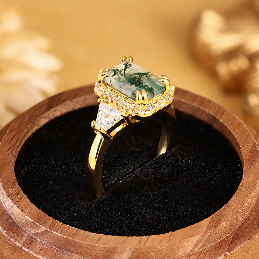 Emerald Cut Moss Agate Engagement Ring with Trillion Side Stones and Pave Halo