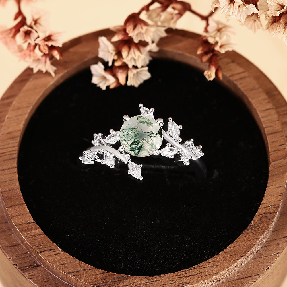 Nature Inspired Round Cut Moss Agate Leaf & Vine Engagement Ring