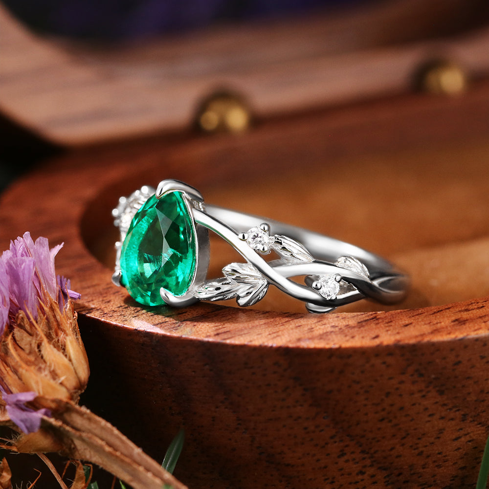 1.06ct Pear Cut Lab Emerald Nature Inspired Twig Leaf  Engagement Ring