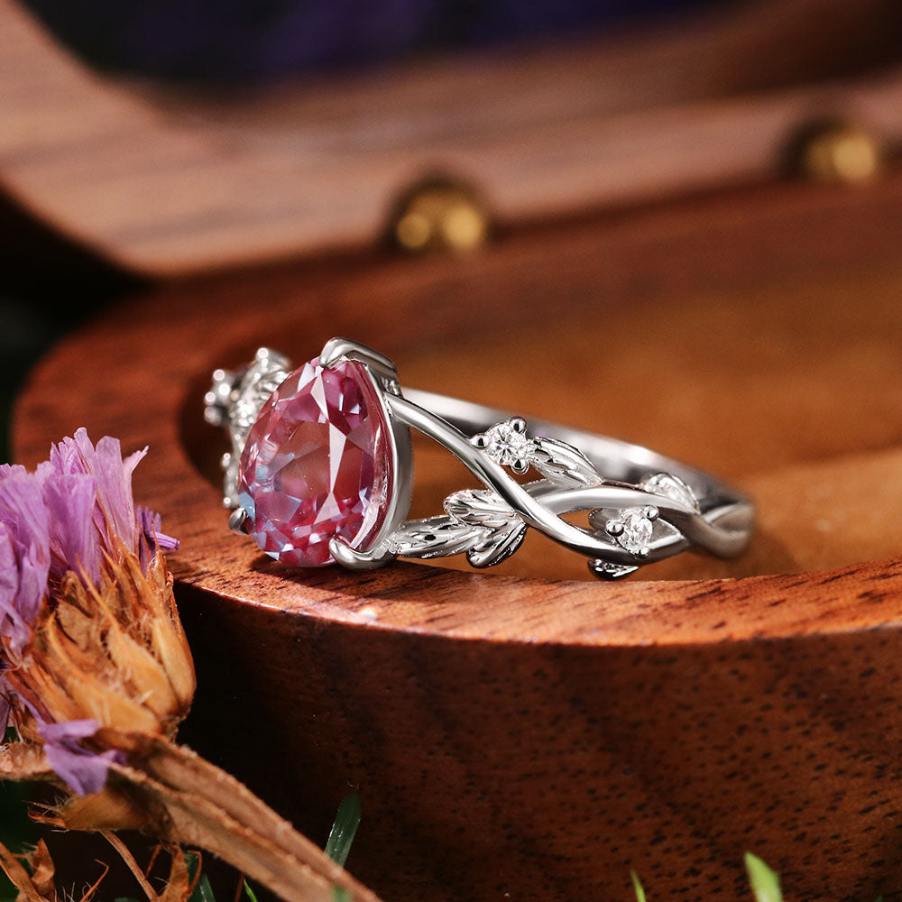 1.61ct Pear Cut Lab Alexandrite Nature Inspired Twig Leaf  Engagement Ring