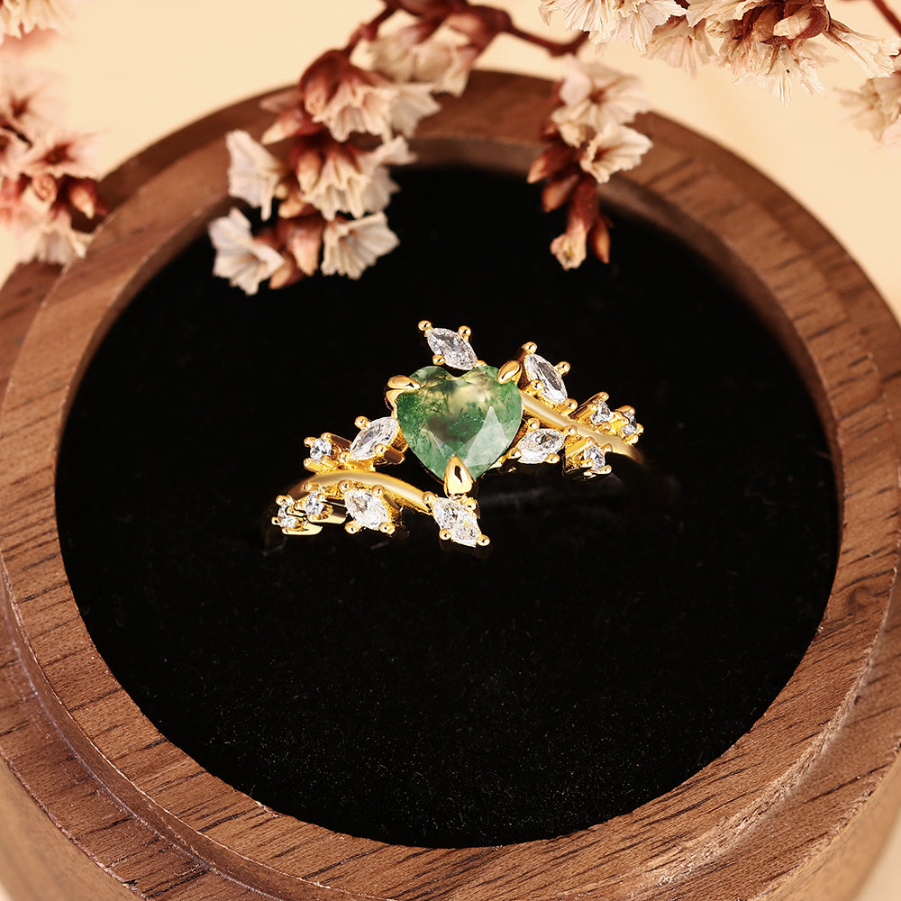 Nature Inspired Leaf Branch Heart Cut Moss Agate Engagement Ring