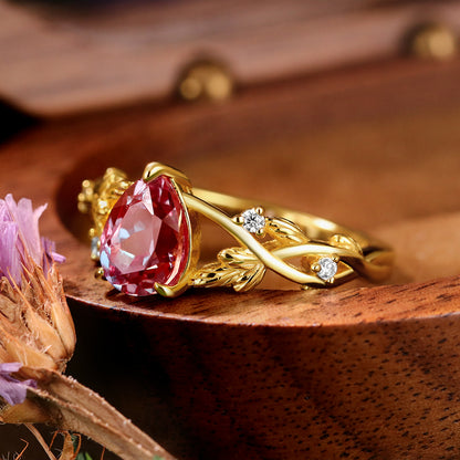 1.61ct Pear Cut Lab Alexandrite Nature Inspired Twig Leaf  Engagement Ring