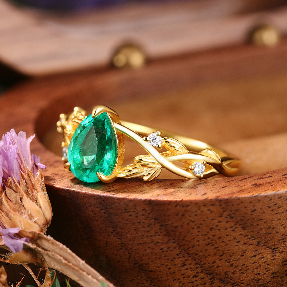 1.06ct Pear Cut Lab Emerald Nature Inspired Twig Leaf  Engagement Ring