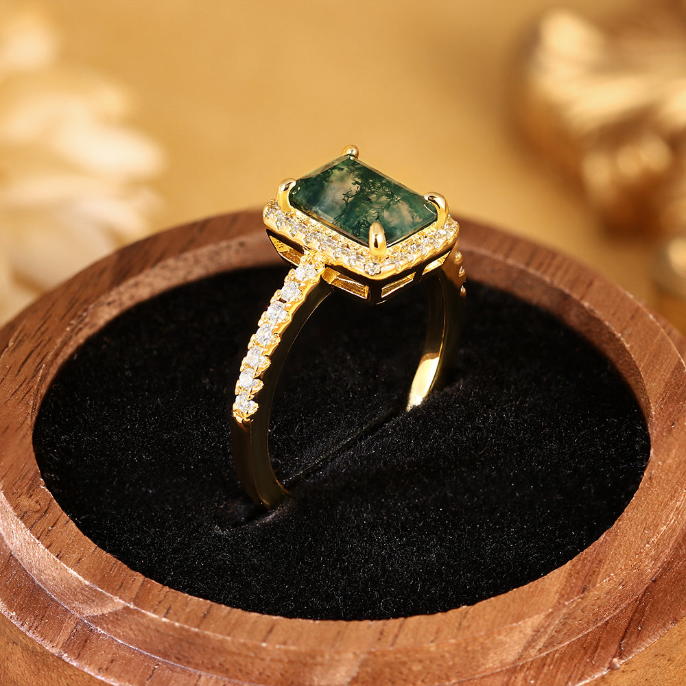 Nature Inspired Emerald Cut Moss Agate Halo Engagement Ring