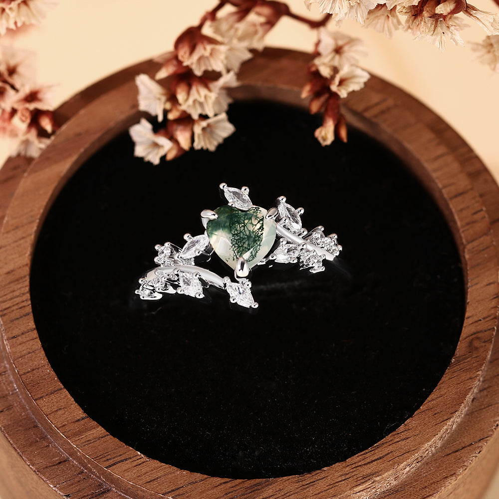 Nature Inspired Leaf Branch Heart Cut Moss Agate Engagement Ring