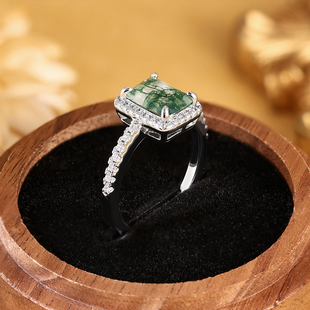 Nature Inspired Emerald Cut Moss Agate Halo Engagement Ring