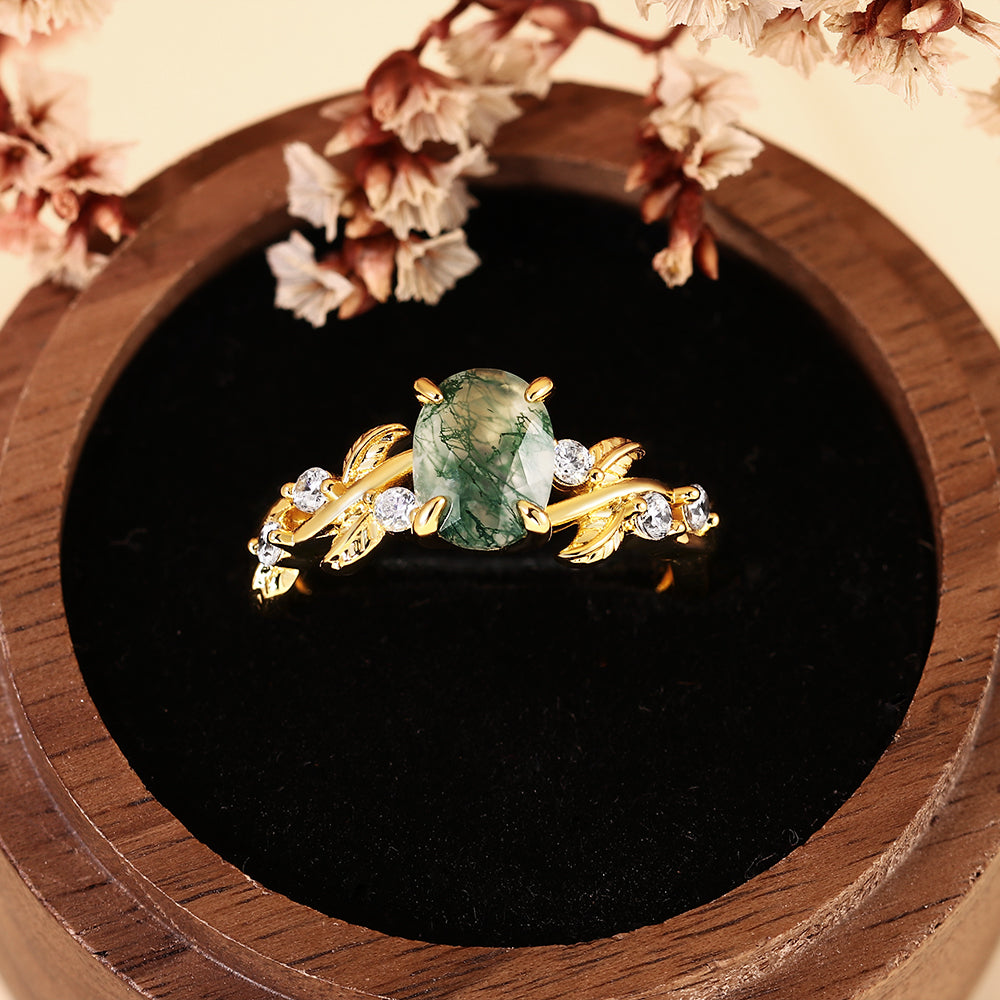 Nature Inspired Leaf Vine Oval Cut Moss Agate Engagement Ring